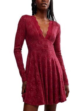 Free People Womens Dress Size Medium Mini Floral Textured V Neck Skater NEW